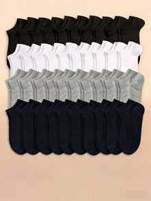 20/30 Pairs Women Black White Grey Ankle Socks, Fashionable Minimalist Short Socks - Black - View 1