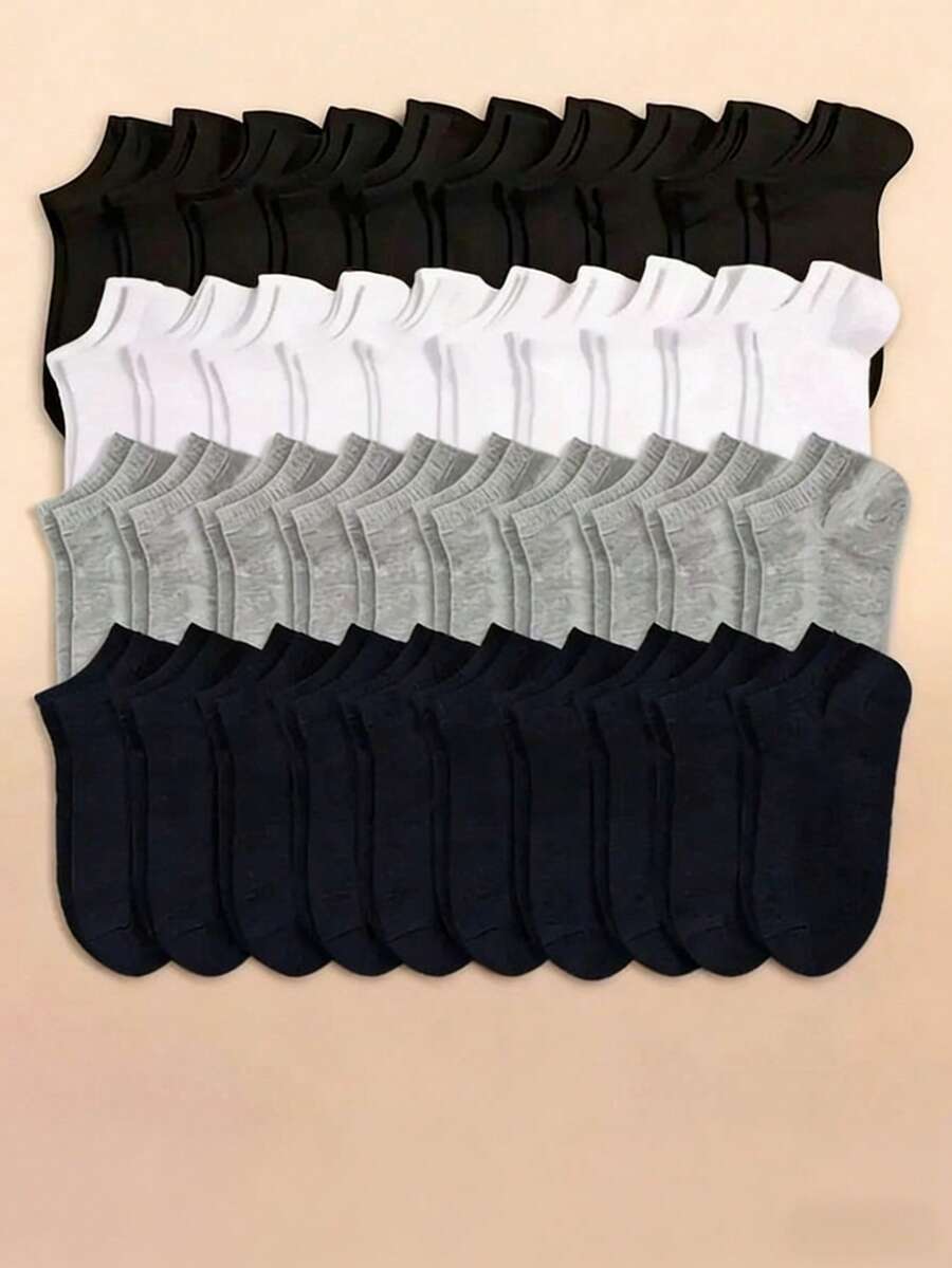 20/30 Pairs Women Black White Grey Ankle Socks, Fashionable Minimalist Short Socks - Black - View 1