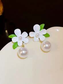 1对清新白色栀子花耳环，法式优雅仿珍珠吊坠耳环，女士款 - 白色 - 查看 5