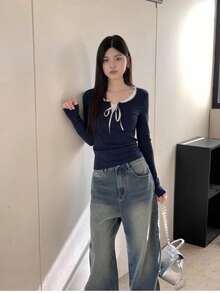 新款女士极简修身花卉拼接长袖T恤，贴身打底衫 - 藍色 - 查看 4