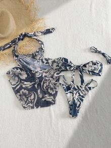 3pcs/Set Floral Print Sexy Halter Bikini Swimwear, Suitable For Spring, Summer, Beach, Stage And Concert Vacation - Blue - View 7