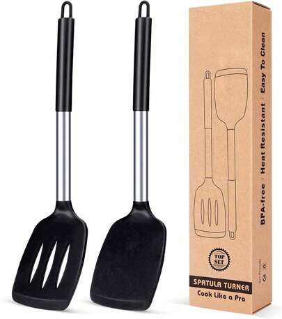 Pack Of 2 Silicone Solid Turner, Non Stick Slotted Kitchen Spatulas, High Heat Resistant  Cooking Utensils, Ideal Cookware For Fish, Eggs, Pancakes(Black)