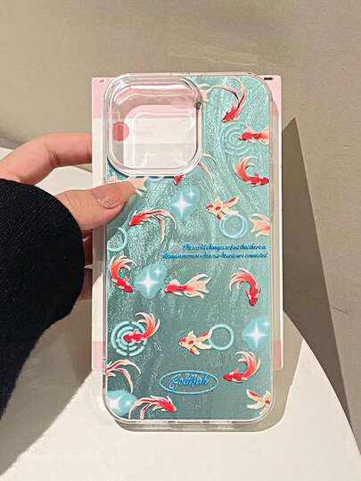 Funda de silicona a prueba de golpes con diseño de pez dorado de plumas azules de gasa para iPhone 17 Pro Max/16/15/14/13/12/11