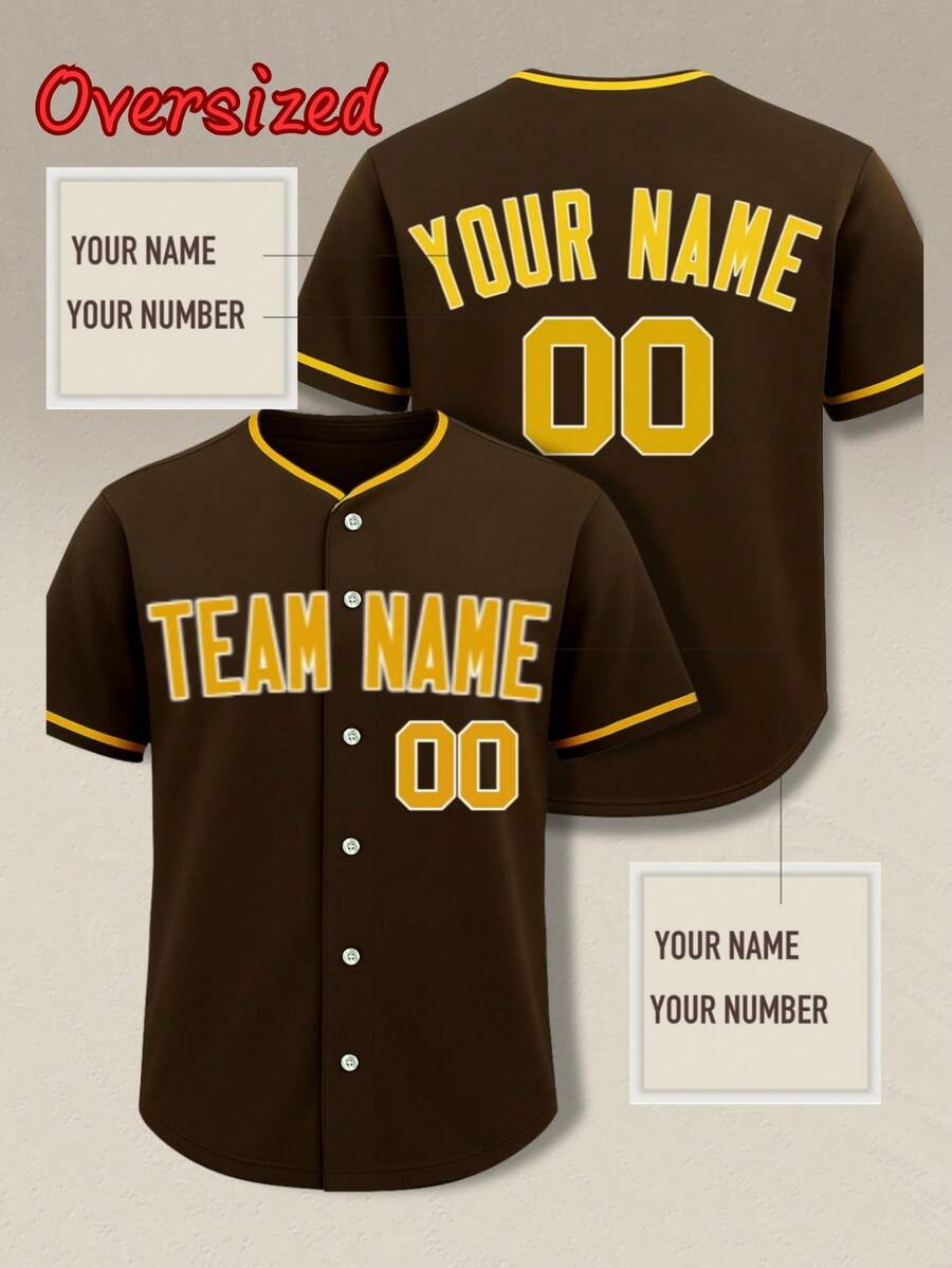 Customizable Men's Brown Baseball Sport Plus Size Shirt, Personalized Name Number, Personalized Team Name, Free Design,Outdoor Sports Summer