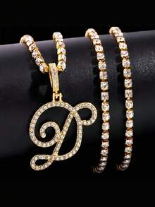 镶钻网球链 + 草书字母吊坠，男士街头风项链 - 男士草體字母項鍊 - 查看 4