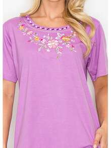 Women Short Sleeves Embroidered Cotton Blend Lounge Wear  Sets - Lilac - View 3