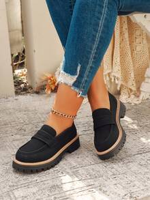 女士时尚休闲圆头乐福鞋，套脚厚底平底鞋 - 黑色 - 查看 2