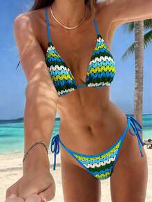 Women's Bohemian Style Bikini Set, 2 Pieces Swimsuit With Unique Fabric, Spaghetti Strap & Open Back Design Vacation - Blue - View 1