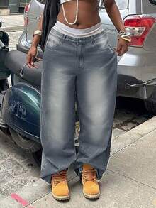 Women's Y2K Washed Vintage Wide Leg Jeans, Casual Vacation Style Spring - Gray - View 2