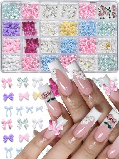 24Grids/Box 3D Mixed Resin Bowknot Nail Charms Pink White Blue Kawaii Cherry/Little Bear Mini Bow Tie Rhinestones Y2k Nail Part Colorful Bow Manicure Decoration
