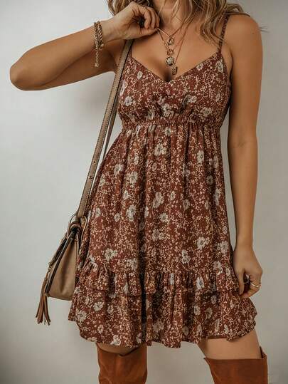 Women's Floral Print Bohemian Cute Ruffle Hem Beach Vacation Cami Dress Elegant Summer