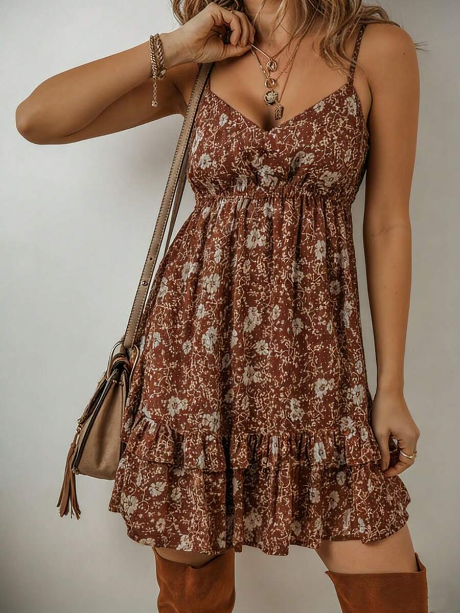 Women's Floral Print Bohemian Cute Ruffle Hem Beach Vacation Cami Dress Elegant Summer - Multicolor - View 1
