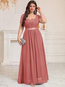 Plus Size Sweetheart Neckline Sequin Floral Lace Contrast Color Rhinestone Satin Waist Chiffon Ruffle Hem Formal Party Maxi Dress, Suitable For Wedding Guest, Prom, Birthday, Banquet, Holiday And Other Occasions Elegant Summer - Dusty Pink - View 5