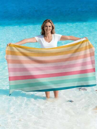 1pc/70cm*150cm Vintage Multicolor Striped Beach Towel, Blue & Green Horizontal Striped Extra Large Beach Blanket, Soft Microfiber Quick Dry Sand-Proof Beach Towel, Suitable For Vacation, Pool, Yoga, Beach, Camping, Party, Holiday/Birthday Gift, Beach Essentials