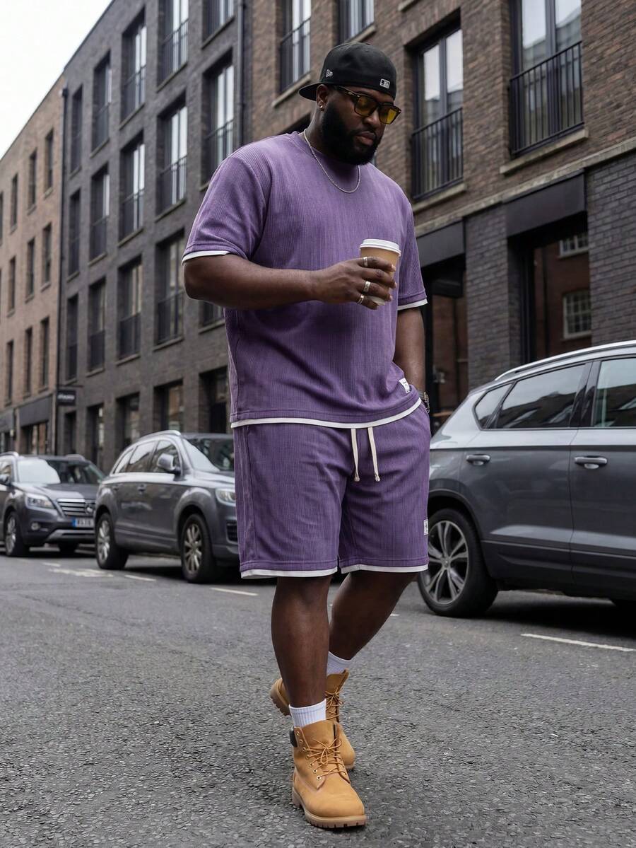 Plus Size Jacquard Short Sleeve & Shorts Set, Jacquard Round Neck T-Shirt, Straight 5-Inch Shorts, Suitable For Summer Travel & Beach - Purple - View 1
