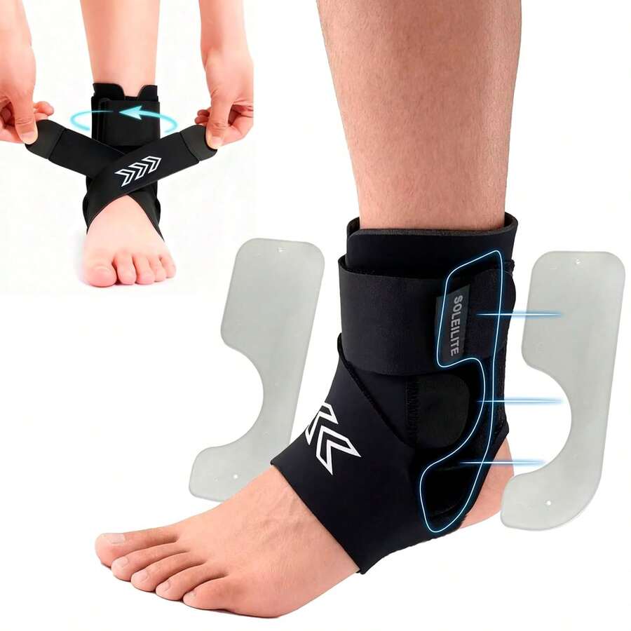 Ankle Brace With Side Stabilizing Pads - Breathable Neoprene Ankle Support For Woman And Man - Adjustable Straps Enhance Stability For Weak Ankles, Sprains, Achilles Tendonitis And Sports Injury Recovery - 黑色/藏青色 - 查看 1