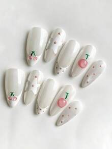 10片纯手工制作美甲贴片，中号杏仁形美甲，粉白配色，清新甜美酷女孩风格，包括乳白色法式、3D小樱桃、手绘星星波点等可爱简约的粉色系美甲贴片，适合女性和女孩，春夏秋冬节日派对及日常佩戴。 - 白色 - 查看 2