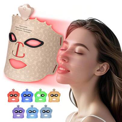 Máscara facial con terapia de luz LED de 7 colores, máscara de terapia de luz facial LED inalámbrica con almohadilla de protección ocular, terapia de luz roja suave y ligera de silicona para el cuidado facial antienvejecimiento y luminosidad para uso doméstico
