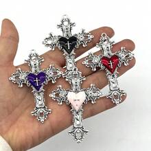 1 pieza Colgante de cruz y corazón plateado - Cruz de plata, corazón de plata - Ver 3