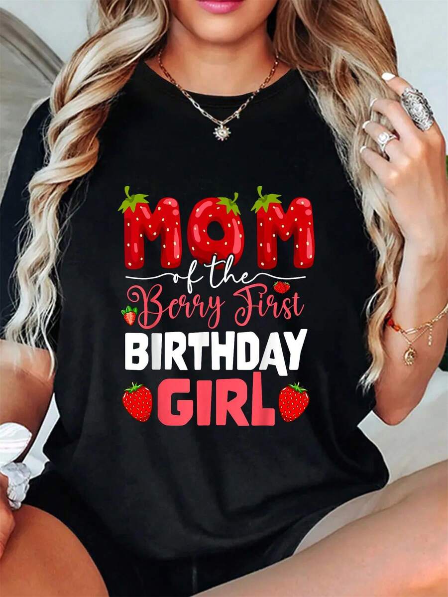 Camiseta de verano para el Día de la Madre, para mamá de The Berry, primer cumpleaños de niña, fresa, para madre, manga corta, cuello redondo, informal, para verano y primavera, ropa de mujer. - Negro - Ver 1