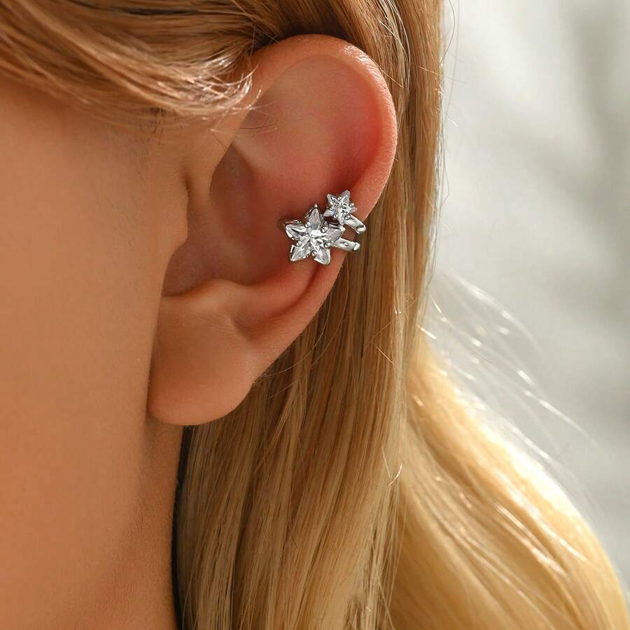 Single Unique Design Zirconia Star Ear Cuff, Lightweight Luxury Earcuff For Women Without Pierced Ears - White Star Ear Clip - View 1