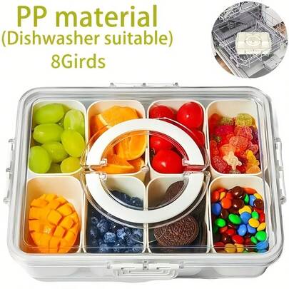 1pc 8-Grid Transparent Compartment Snack Box, Portable Fruit Vegetable Candy Nut Tray, Handheld Fridge Storage Container With Sealed Dividers