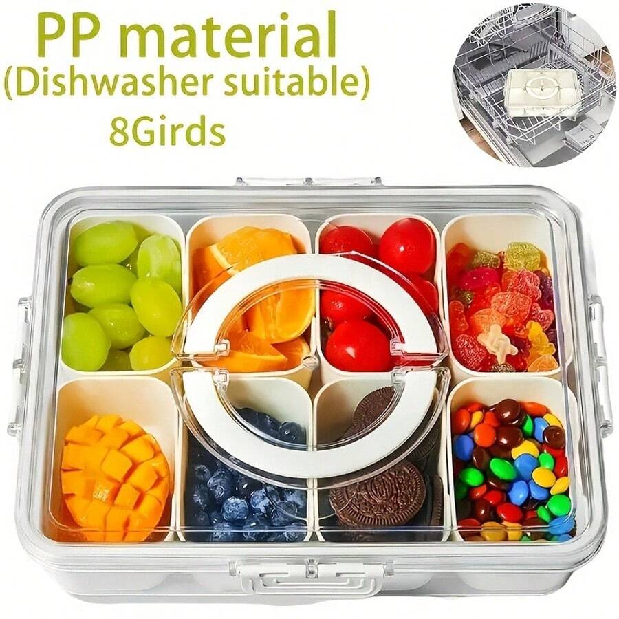1pc 8-Grid Transparent Compartment Snack Box, Portable Fruit Vegetable Candy Nut Tray, Handheld Fridge Storage Container With Sealed Dividers - Storage Box - View 1