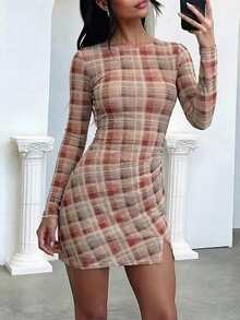 Womens Fall Dresses Mesh Bell Sleeve Boat Neck Date Night Y2k Going Out Bodycon Mini Short Dress - Màu vàng - Xem 2