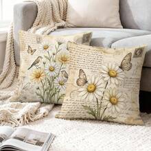 4 pièces Housses de coussin décoratives vintage avec fleurs de marguerite et oiseaux, style lettrage usé, convient pour le salon, le canapé, la chambre à coucher, décoration de style campagnard - Jaune clair - Voir 4