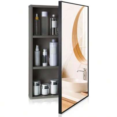 Suzile Modern - Botiquín de medicina de 16 x 24 x 4.3 pulgadas con espejo montado en la pared enmarcado para baño 3 estantes para puertas correderas montadas en la pared color gris claro 1 unidad