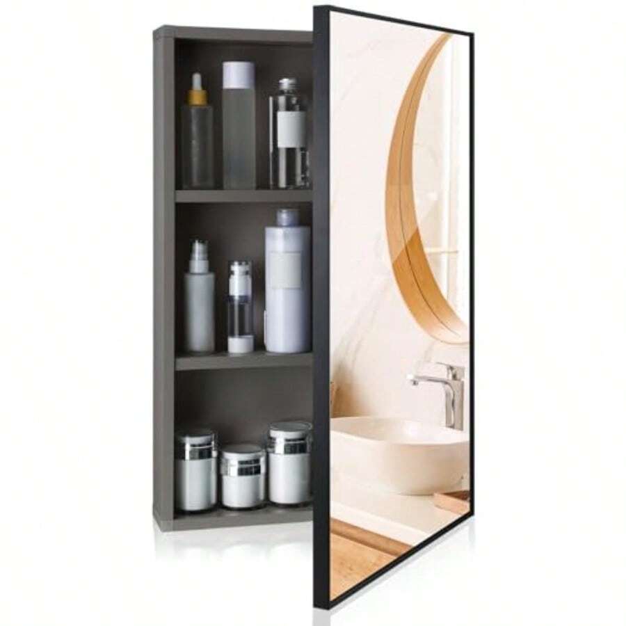 Suzile Modern - Botiquín de medicina de 16 x 24 x 4.3 pulgadas con espejo montado en la pared enmarcado para baño 3 estantes para puertas correderas montadas en la pared color gris claro 1 unidad - Gris Claro - Ver 1