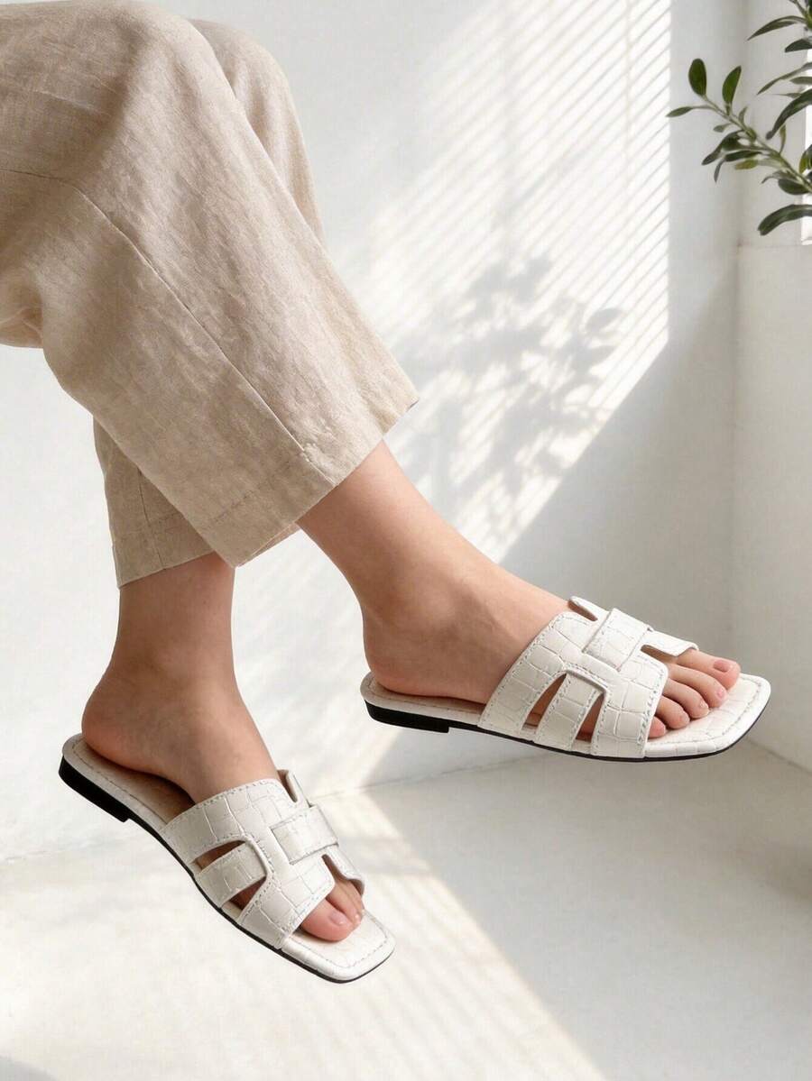 Sandalias planas deslizantes para mujer, diseño floral blanco cuadrado de moda, adecuadas para vestidos, verano - Blanco - Ver 1