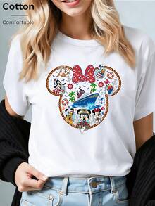 Loose Fit Mickey Head Styled Disney Cruise Character Print T-Shirt, Suitable For Summer And Spring, Short Sleeved Tops, Women's Clothing, Holiday Gift Party Costumes. - White - View 1