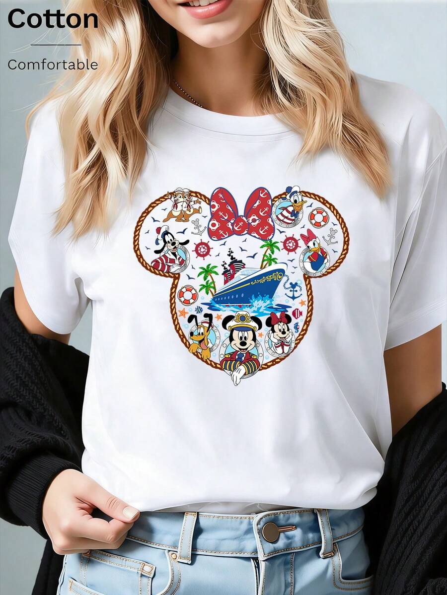 Loose Fit Mickey Head Styled Disney Cruise Character Print T-Shirt, Suitable For Summer And Spring, Short Sleeved Tops, Women's Clothing, Holiday Gift Party Costumes. - White - View 1