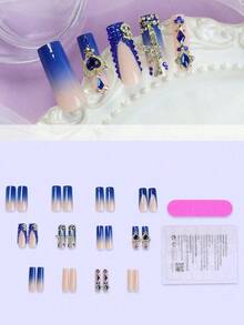 24pcs Chinese Style Floral Pattern Press-On Nail Stickers. Decorated With Green Glitter, Covers All Fake Nails. Luxurious And Elegant. Suitable For Women And Girls. - 多色 13 - 查看 4