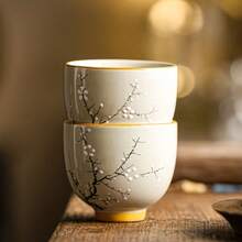 1pc/2pcs/6pcs Ash-Glaze Ceramic Tea Cups, Plum Blossom Pattern Ceramic Red Tea Cups, Kung Fu Tea Cups, Tea Tasting Cups, Home & Guest Tea Cups - Multicolor - View 1