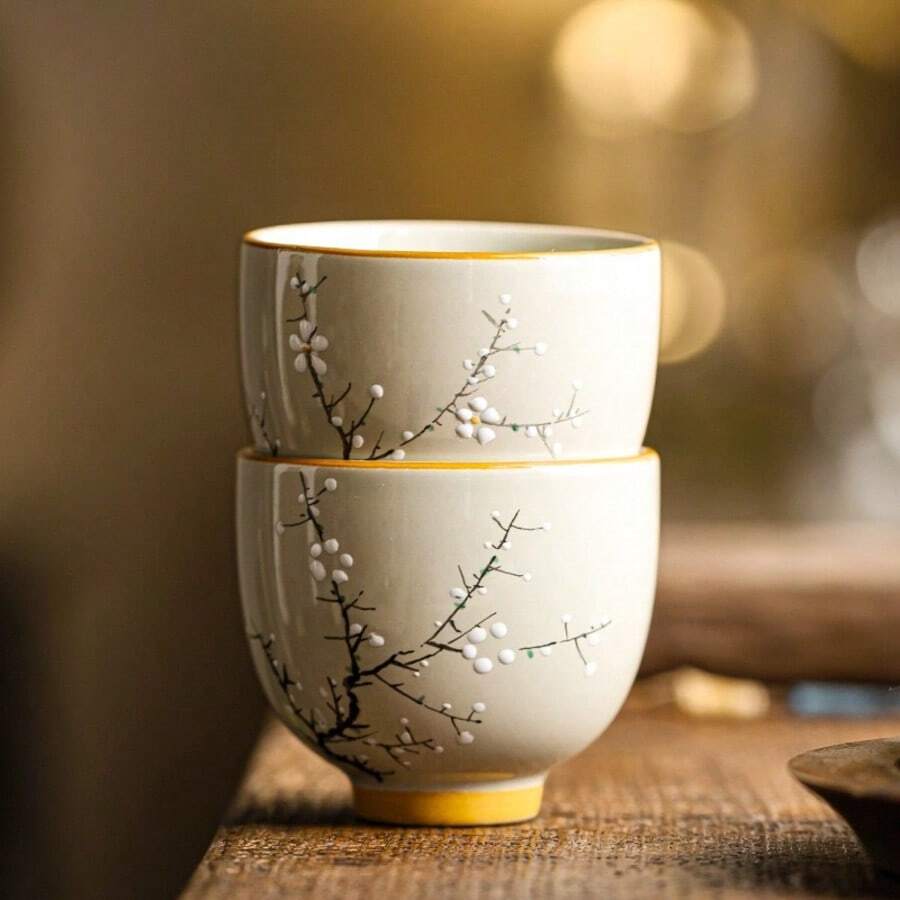 1pc/2pcs/6pcs Ash-Glaze Ceramic Tea Cups, Plum Blossom Pattern Ceramic Red Tea Cups, Kung Fu Tea Cups, Tea Tasting Cups, Home & Guest Tea Cups - Multicolor - View 1
