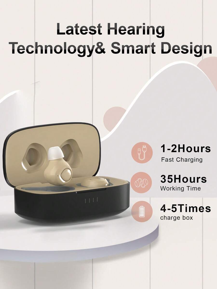 2个可充电迷你助听器耳机，带充电盒、USB电源、聚合物锂离子电池、增强音频、清晰通话、卡其色。 - 查看 1