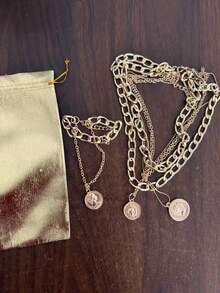 1 Set/3pcs Gold Punk Style Exaggerated Layered Pirate Necklace & Bracelet Set For Women - Multicolor - View 9