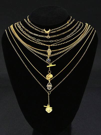 Set de 3 collares multicapa elegantes y minimalistas con colgantes de estrella, luna, ojo malvado y palma, adecuados para mujeres en vacaciones, fiestas, cumpleaños y uso diario