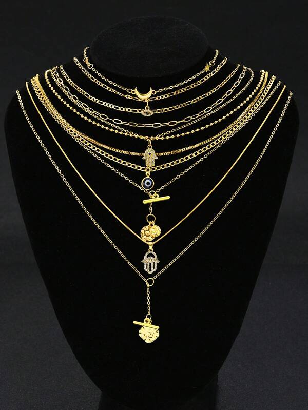 Set de 3 collares multicapa elegantes y minimalistas con colgantes de estrella, luna, ojo malvado y palma, adecuados para mujeres en vacaciones, fiestas, cumpleaños y uso diario