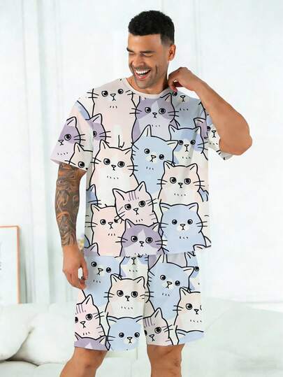 Bộ đồ ngủ nam cỡ lớn | Áo tay ngắn cổ tròn và quần short cạp chun kiểu dáng thường ngày | Vải dệt kim polyester mềm mại, thoáng khí, rộng rãi và thoải mái | Họa tiết mèo hoạt hình dễ thương, thiết kế thường ngày