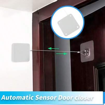 Bộ đóng cửa tự động không cần đục lỗ, cảm biến, đóng cửa chống bão, đóng cửa đa chức năng, đóng cửa trượt tự động với dây kéo bằng thép cho phòng tắm, phòng ngủ, phòng học (2 bộ).