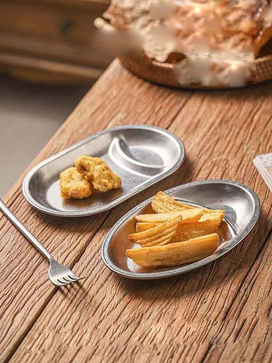 1pc Retro Stainless Steel Snack Plate, Divided Dish For Fried Chicken, Fries, Bar, KTV, Distressed Dipping Sauce Tray - View 1