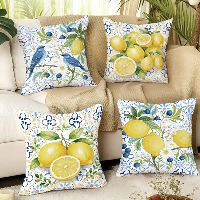 MEMNUN 4pcs Summer Watercolor Moroccan Floral, Lemon & Bird Print Throw Pillow Covers [No Pillow Insert], 17.7*17.7in(45*45cm)/19.69*19.69in(50*50cm)/15.75*15.75in(40*40cm), [Single-Sided Printing], Made Of Polyester, Mediterranean Style Cushion Covers For Sofa, Bed, Living Room, Bedroom, Car, Office, Hotel Decor, All Season, Perfect Gift For Family And Friends
