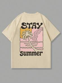 男士复古冲浪沙滩文化印花圆领休闲宽松牛奶丝短袖T恤 - 杏色 - 查看 3