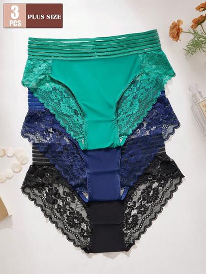 3pcs Plus Size Women Lace Panties - Sexy & Comfortable Solid Color Underwear