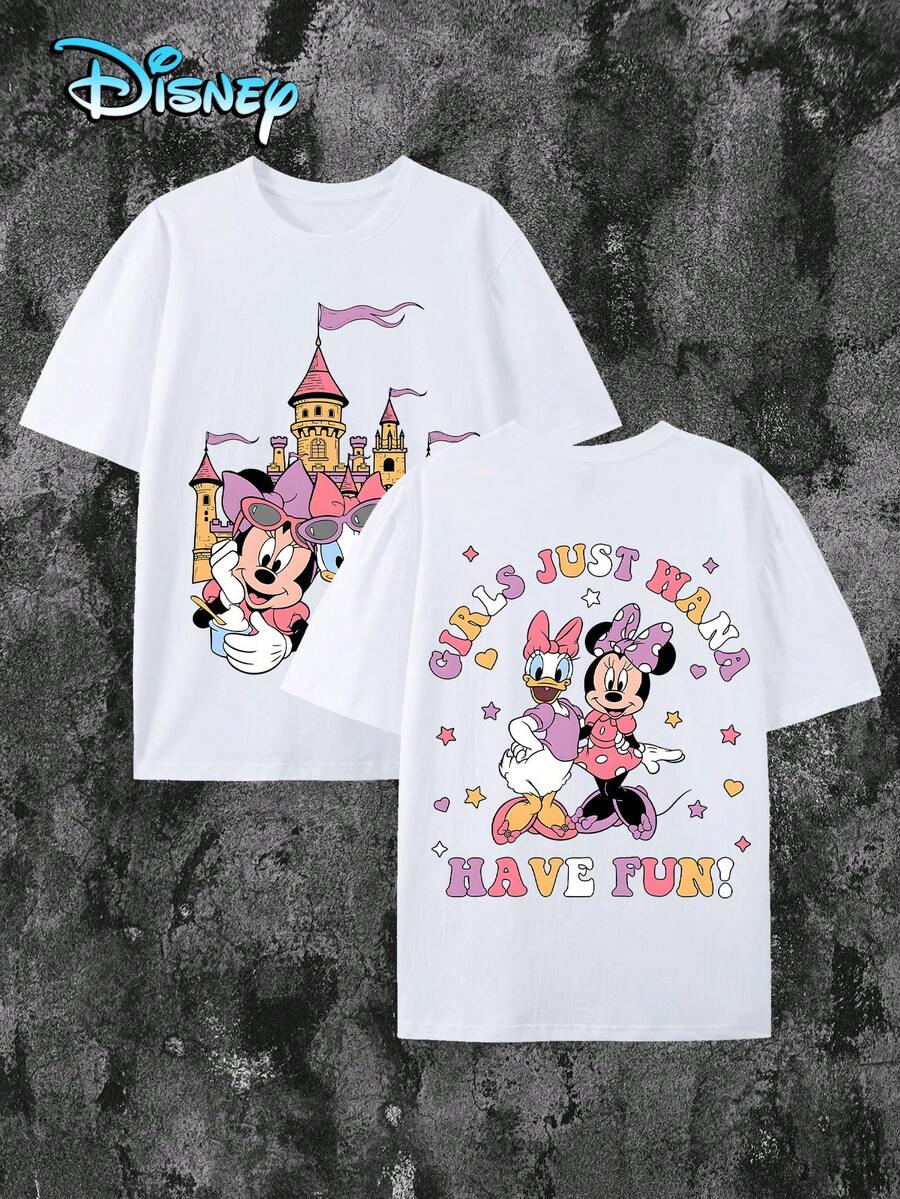 Camiseta de algodón de manga corta y cuello redondo con estampado casual de Minnie Mouse de Disney para mujer - Blanco - Ver 1