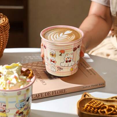 كوب سيراميك وردي سعة 330 مل، تصميم حافة ملفوفة بطبعة عالية الحرارة، مناسب للقهوة والحليب واللبن والمشروبات الحليبية، للاستخدام اليومي والهدايا