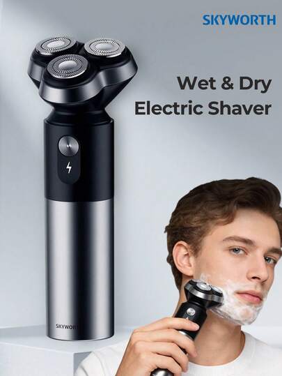 SKYWORTH Wet & Dry Electric Razor For Men; Cordless Rotary Waterproof Shaver- 500mAh USB Fast Charging & Sensitive Skin Care - Pop Up Trimmer & Precision Blades Gift For Him